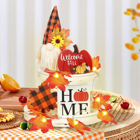 Fall Gnome Tiered Tray Decorations Set Farmhouse Pumpkin Decor Autumn Maple Leaf Table Centerpieces With Fall String Lights Thankgiving Day Fall Greeting Card Autumn Harvest Decorations