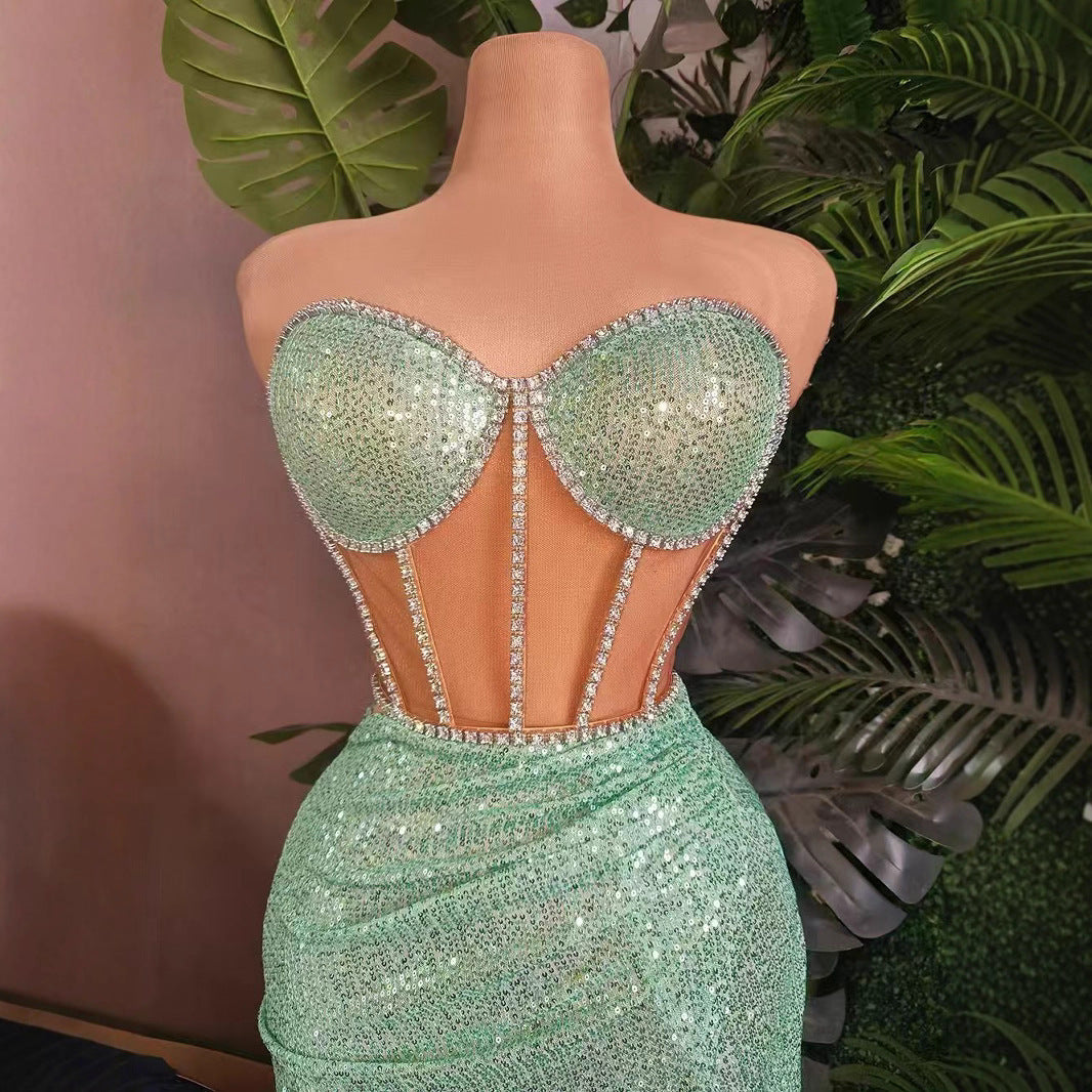 Women's Casual All-match Shiny Rhinestone Sequins Top Dress Suit